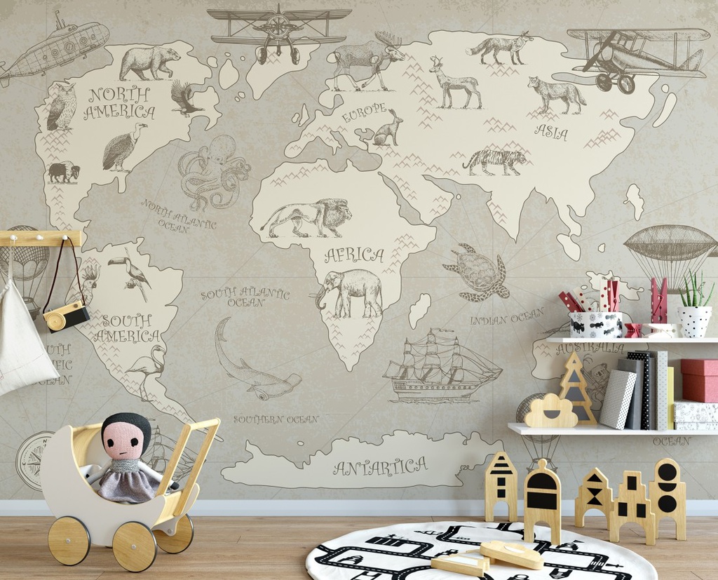Papel Tapiz Niños Mapa del Mundo Café Claro con Animales
