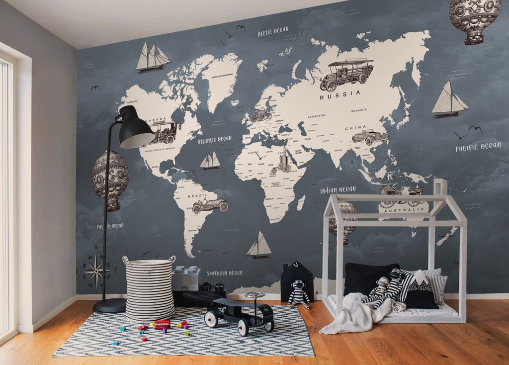 Papel Tapiz Niños Mapa del Mundo con Globos de Aire y Carros