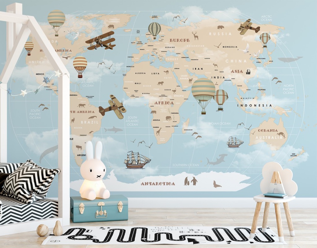 Papel Tapiz  - Mapa del Mundo Niños con Globos de Aire