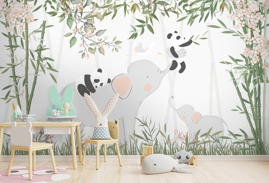 Papel Tapiz  - Bamboo Elefantes y Pandas