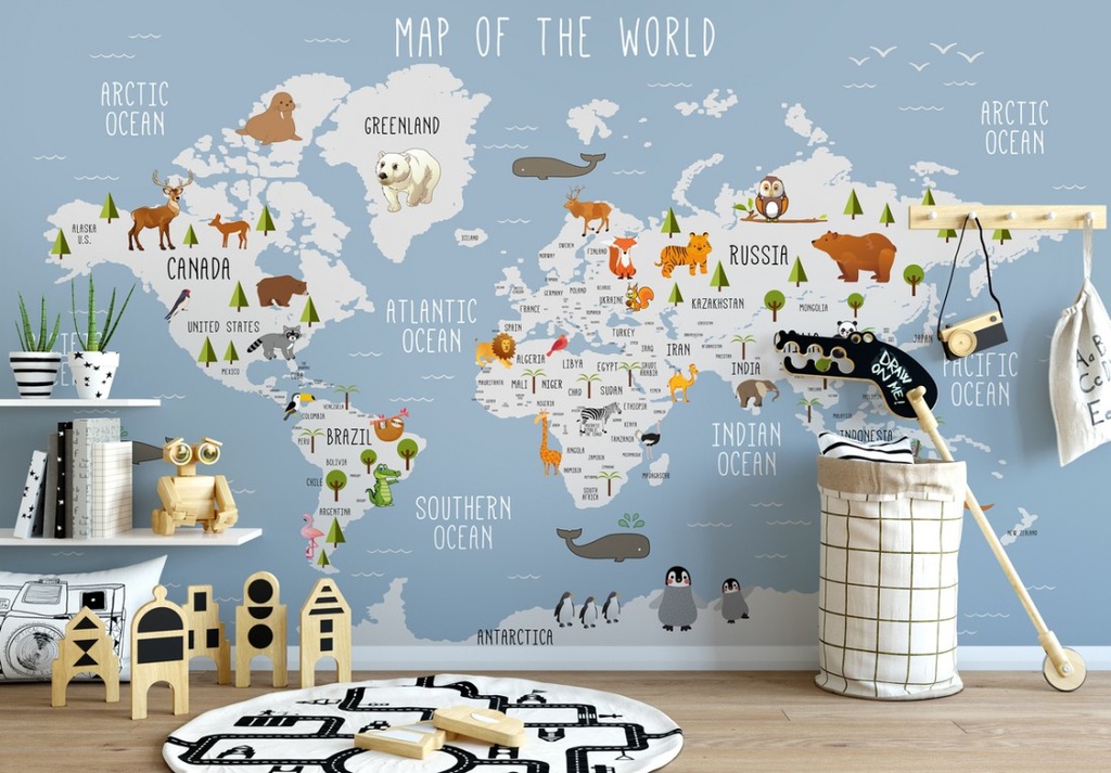 Papel Tapiz  - Mapa del Mundo con Animales (M2)