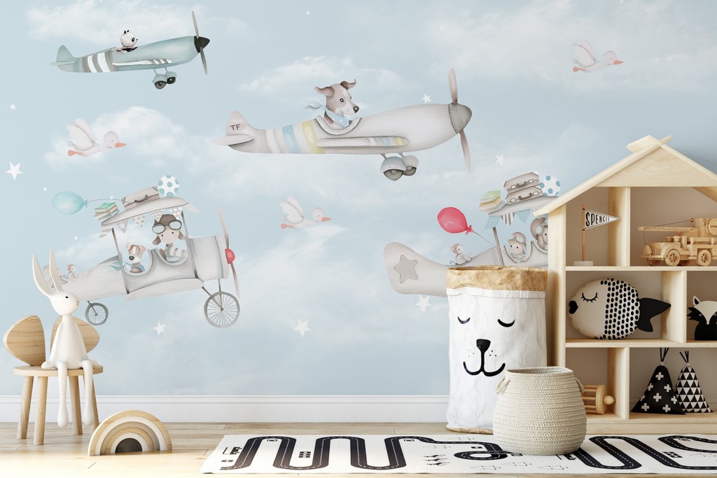 Papel Tapiz Aviones y Animales Cartoon (M2)