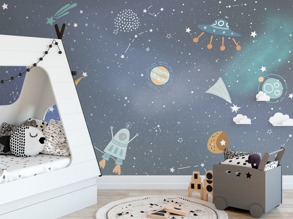 Papel Tapiz Espacio Cartoon con Planetas y Estrellas (M2)